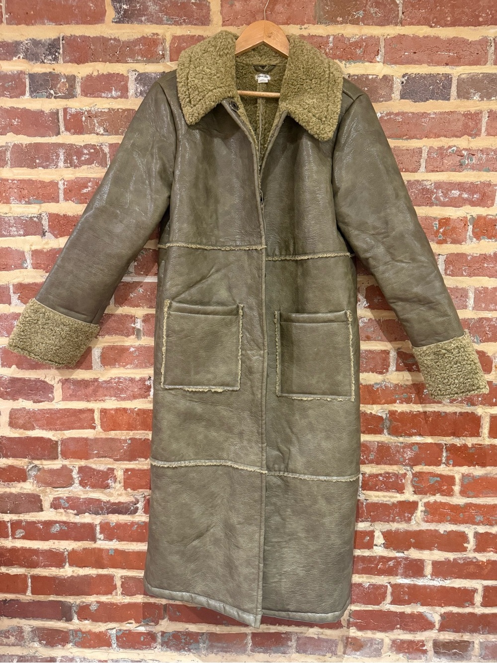 Olive Green Long Shearling Coat Urban Outfitters Lined Faux Fur Leather Coat